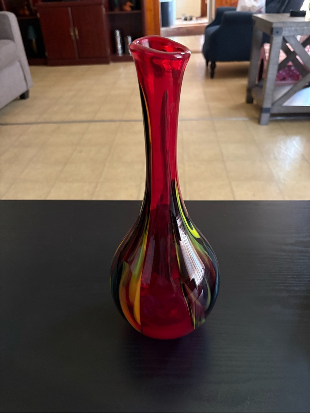 Pier 1 Imports Red Blown Glass Vase with Yellow, Green & Black Swirl - Picture 5 of 7